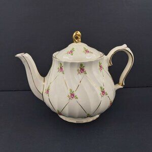 Vintage Sadler England Teapot #3692 Pink Moss Rose Gold Lattice Swirl 1940s